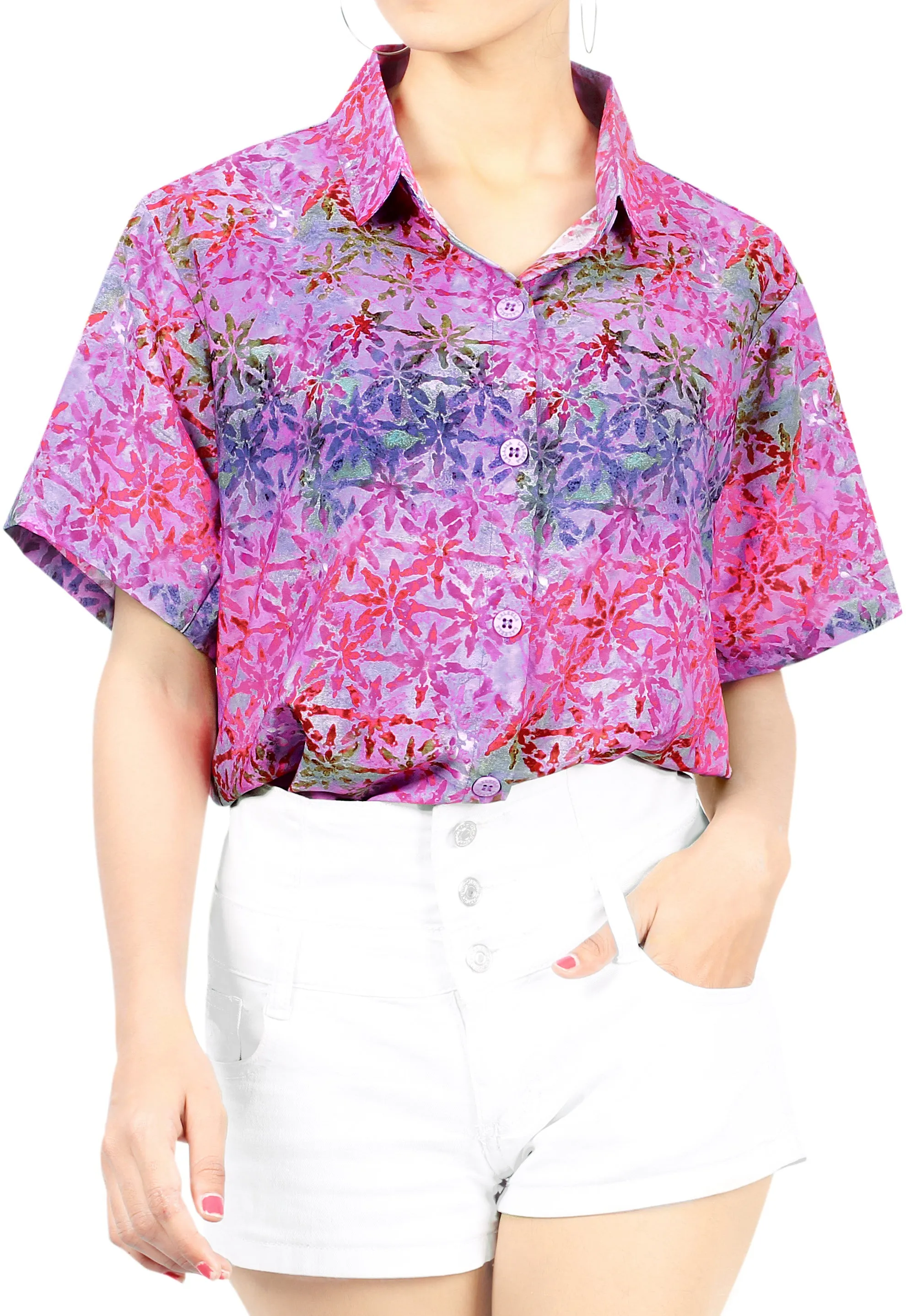 La Leela Women's Support Pink Breast Cancer Relaxed fit Beach Hawaiian Aloha Tropical Beach Short Sleeve Blouse Printed Shirt Pink