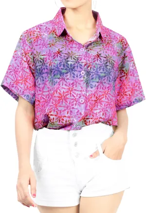 La Leela Women's Support Pink Breast Cancer Relaxed fit Beach Hawaiian Aloha Tropical Beach Short Sleeve Blouse Printed Shirt Pink