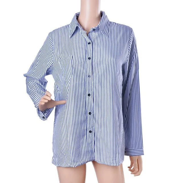 LASPERAL 2018 New Autumn Women Striped Long Sleeve Shirt Turn-Down Collar Loose Blusas Femme Casual Tops Sexy Tee Plus Size 3XL