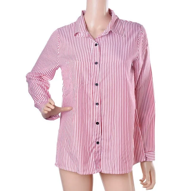 LASPERAL 2018 New Autumn Women Striped Long Sleeve Shirt Turn-Down Collar Loose Blusas Femme Casual Tops Sexy Tee Plus Size 3XL