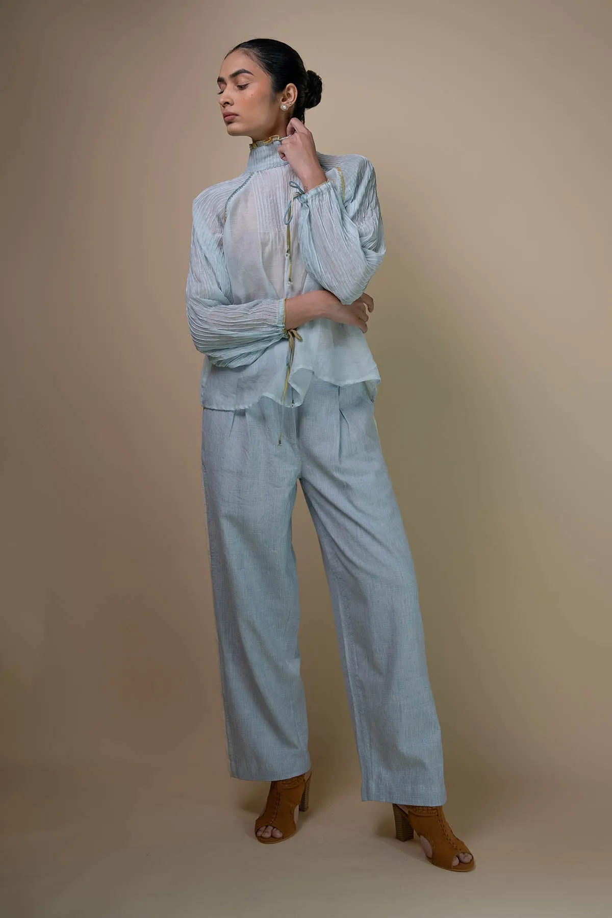 Light Blue Cotton Pleated Pants