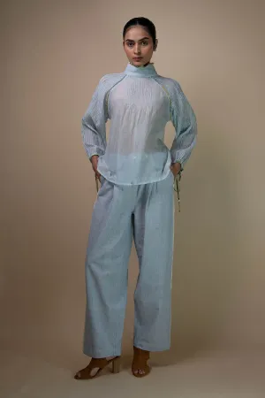 Light Blue Cotton Pleated Pants