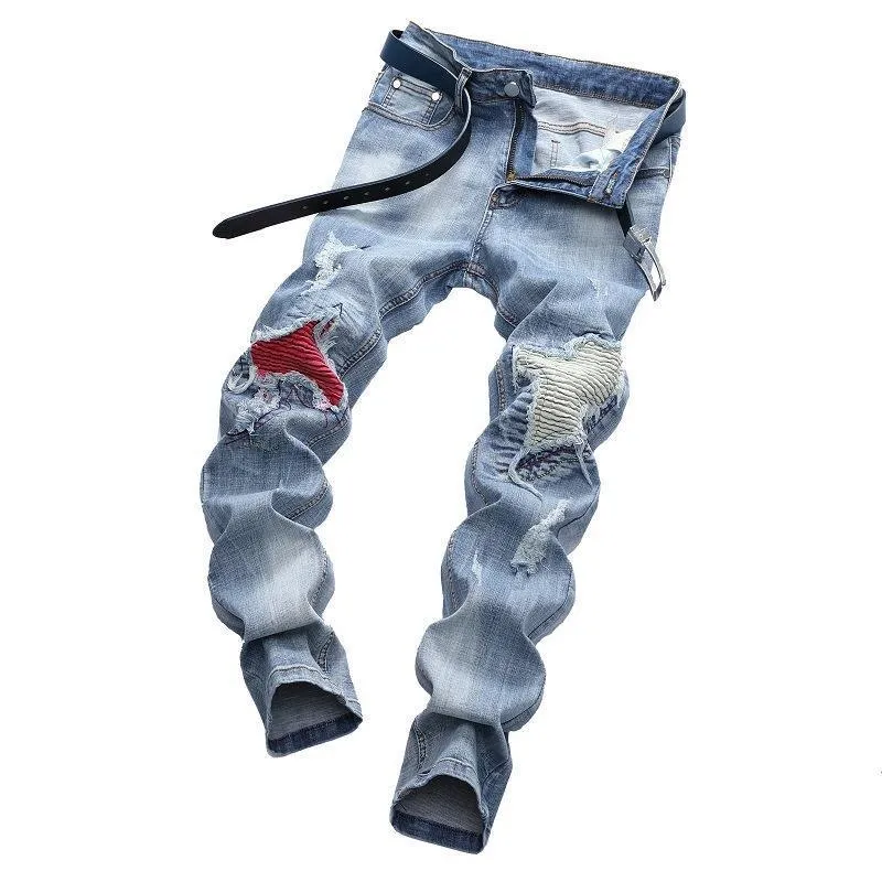 Light-colored stretch biker pants ripped stitching jeans