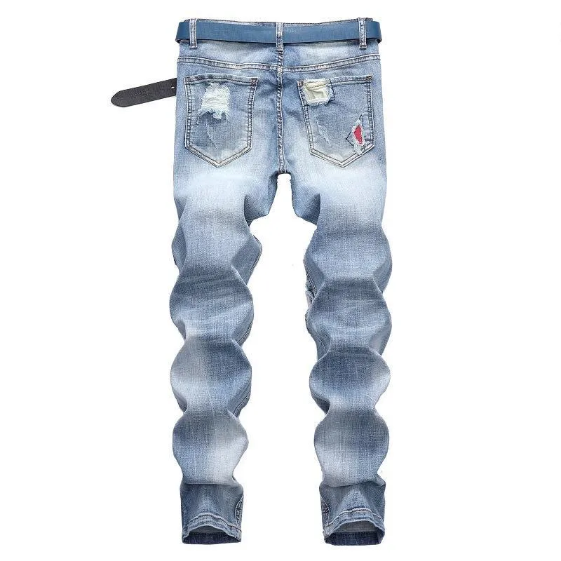 Light-colored stretch biker pants ripped stitching jeans