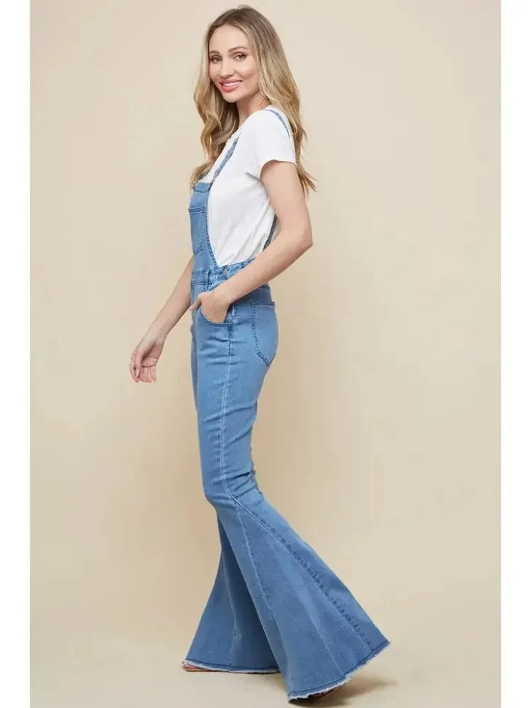 Light Denim Flared Bib Overall Pants