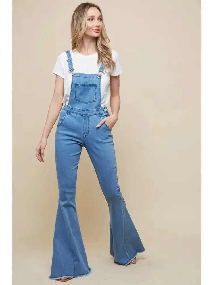 Light Denim Flared Bib Overall Pants