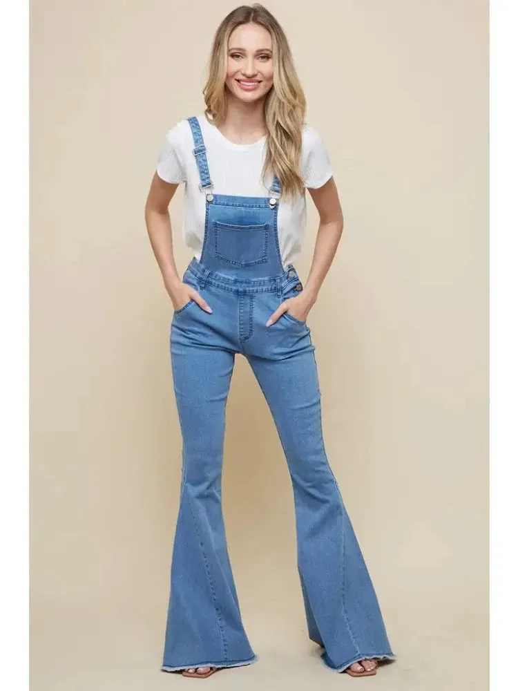 Light Denim Flared Bib Overall Pants