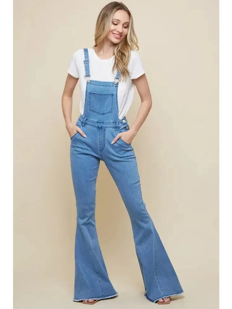 Light Denim Flared Bib Overall Pants