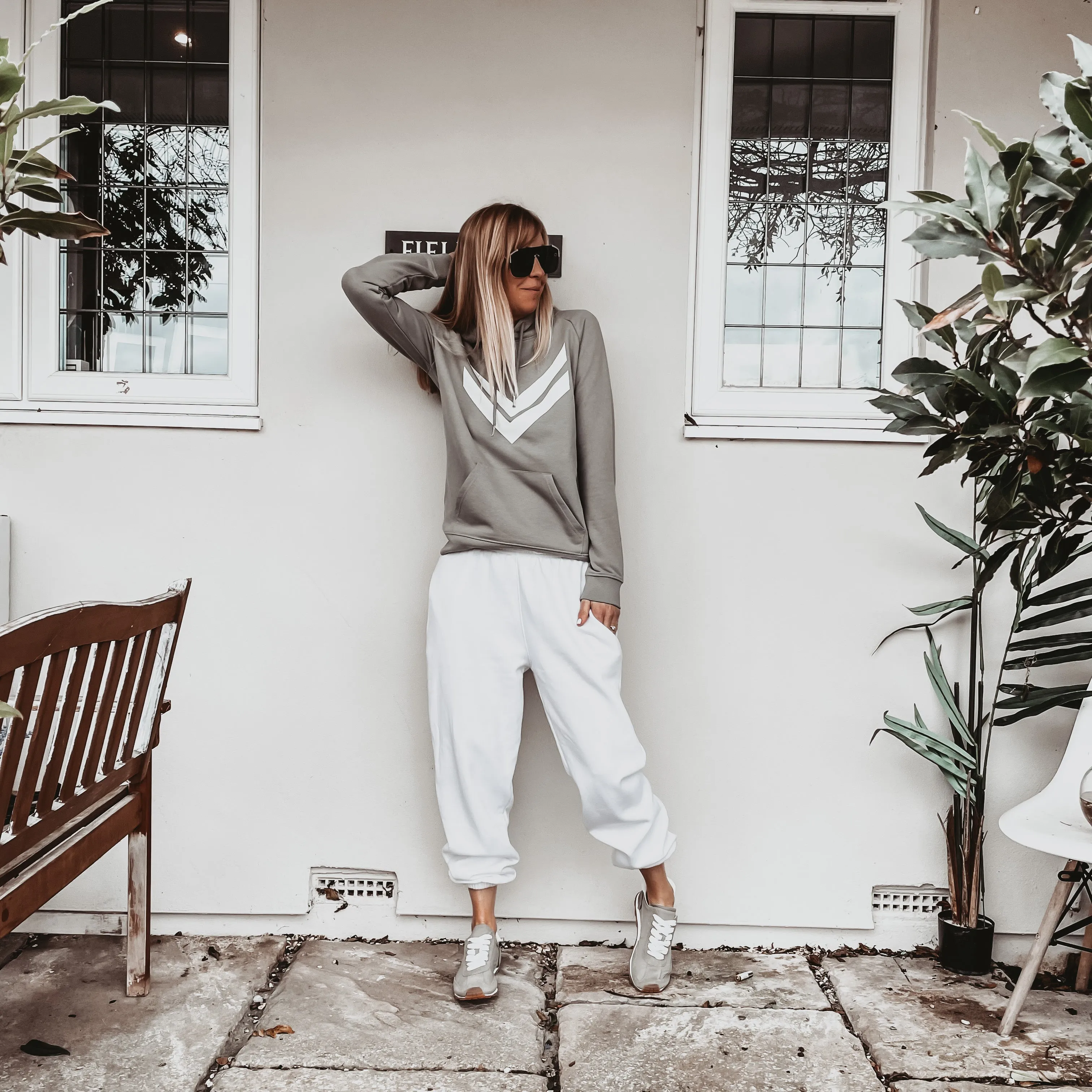 Light khaki hoody with white double chevron
