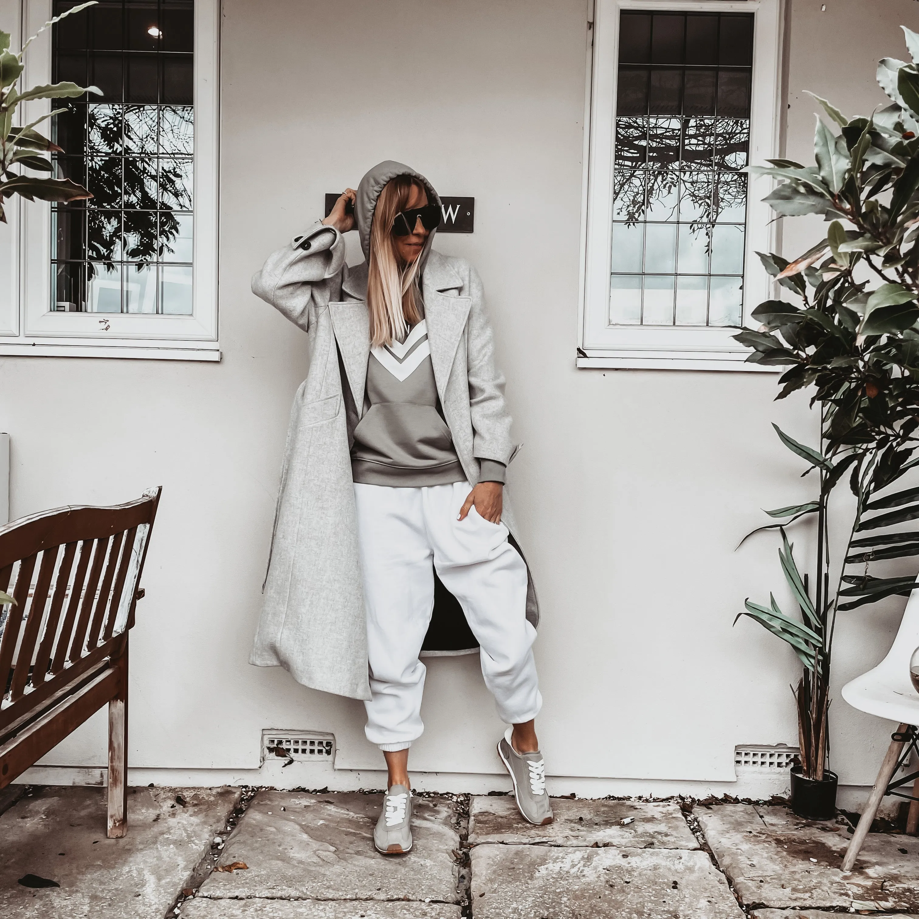 Light khaki hoody with white double chevron