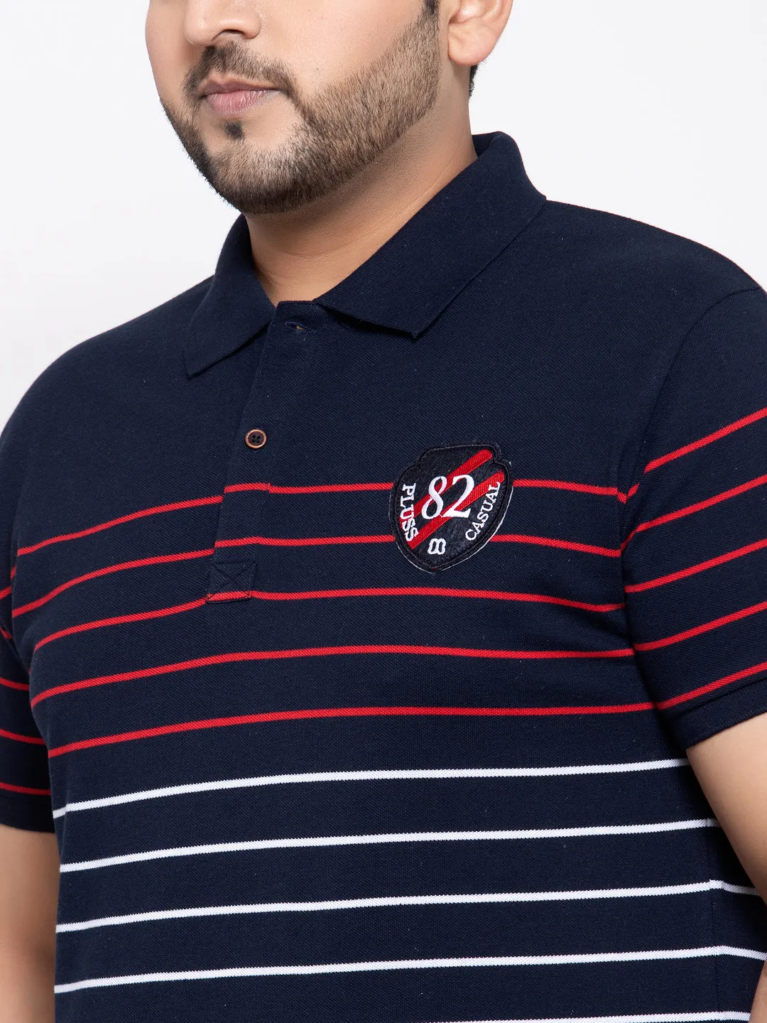 Men Plus size Navy Blue & White Striped Polo Collar T-shirt