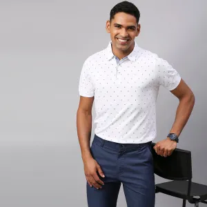 Men's Pure Cotton Micro Printed Half Sleeves Polo T-Shirt (White)