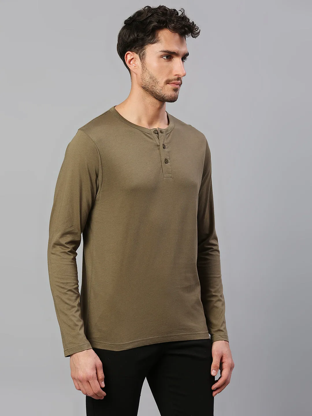 Men's Pure Cotton Solid Full Sleeves Henley T-Shirt (Olive)