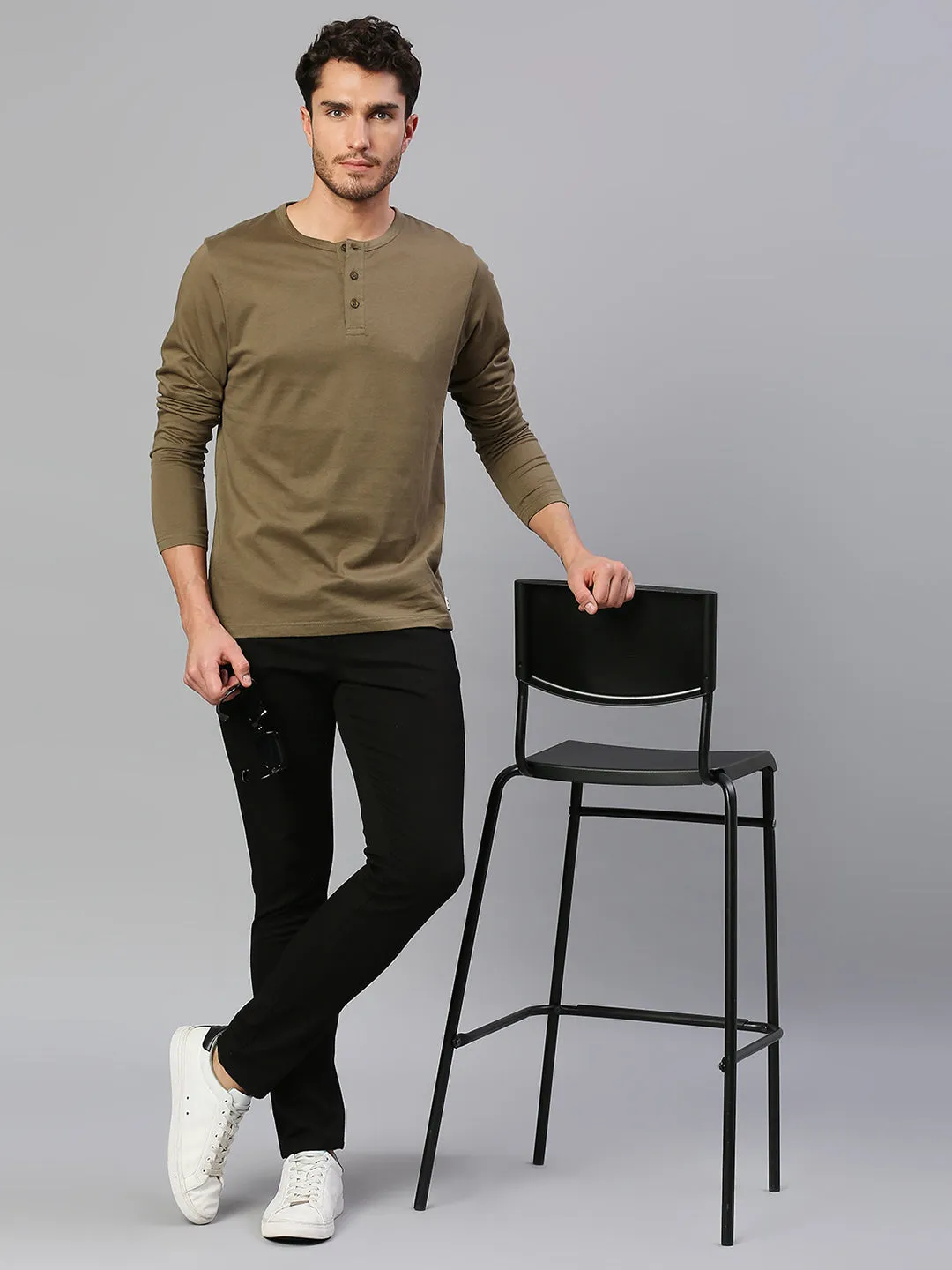 Men's Pure Cotton Solid Full Sleeves Henley T-Shirt (Olive)