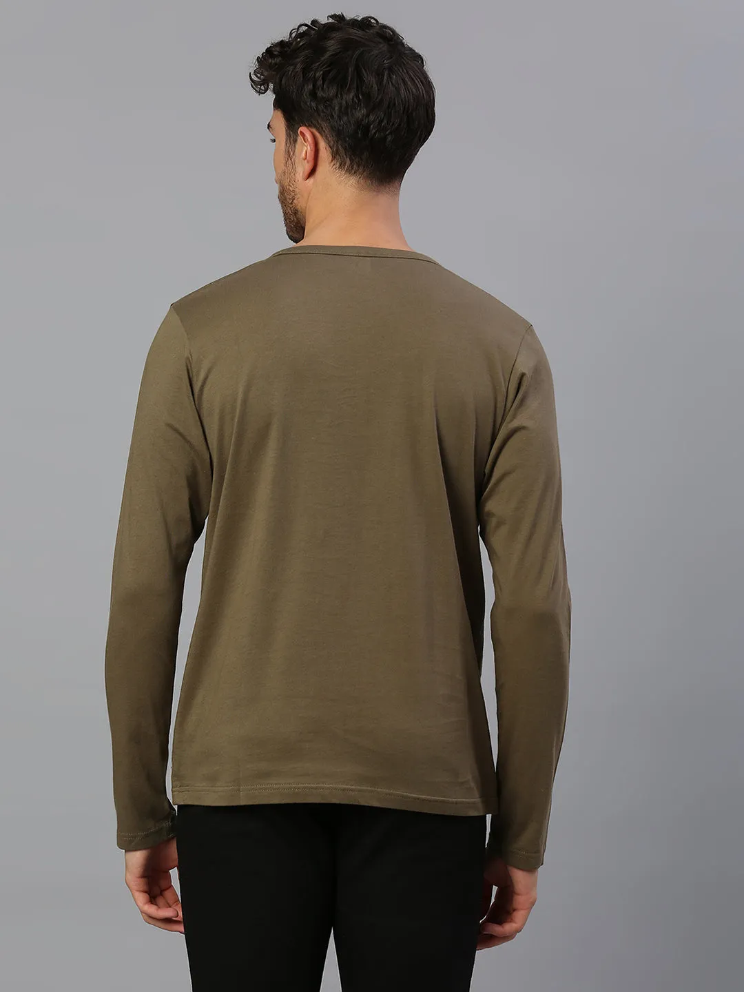 Men's Pure Cotton Solid Full Sleeves Henley T-Shirt (Olive)