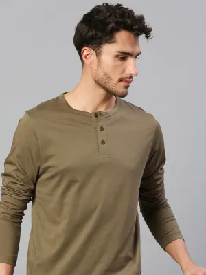 Men's Pure Cotton Solid Full Sleeves Henley T-Shirt (Olive)