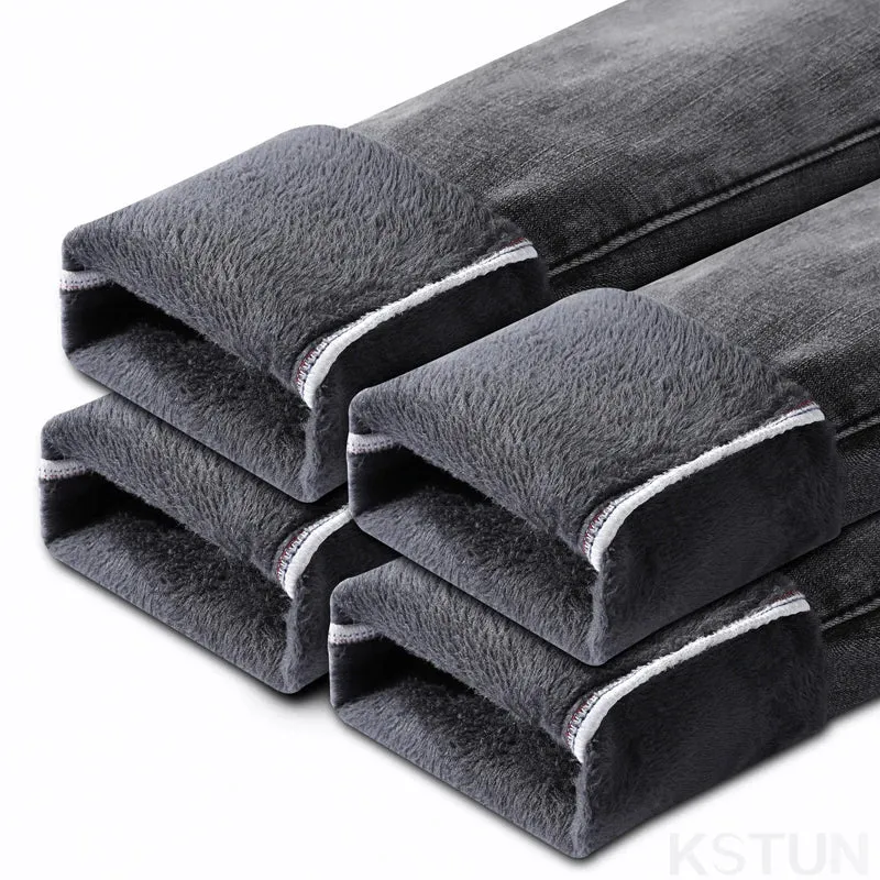 Men's Warm Jeans Pants 2024 Winter Trousers Fleece Thicken Denim Clothes Slim SKinny Casual Gray Stretch Mens Clothing Cowboys