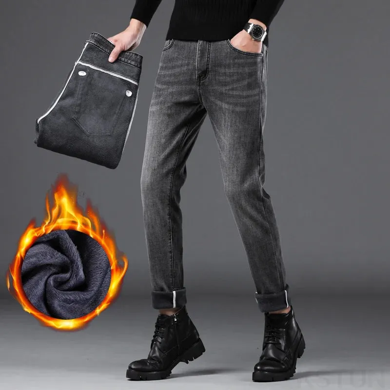 Men's Warm Jeans Pants 2024 Winter Trousers Fleece Thicken Denim Clothes Slim SKinny Casual Gray Stretch Mens Clothing Cowboys