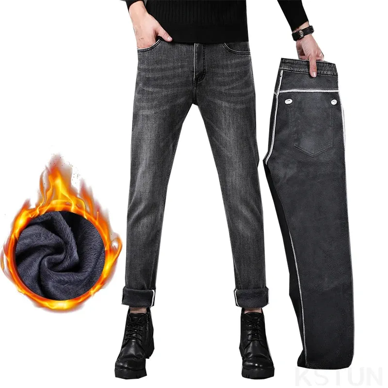 Men's Warm Jeans Pants 2024 Winter Trousers Fleece Thicken Denim Clothes Slim SKinny Casual Gray Stretch Mens Clothing Cowboys