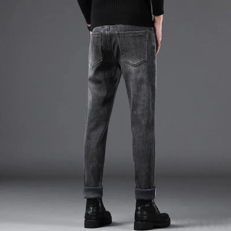 Men's Warm Jeans Pants 2024 Winter Trousers Fleece Thicken Denim Clothes Slim SKinny Casual Gray Stretch Mens Clothing Cowboys