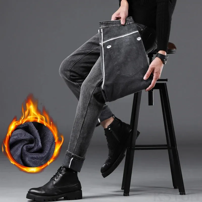 Men's Warm Jeans Pants 2024 Winter Trousers Fleece Thicken Denim Clothes Slim SKinny Casual Gray Stretch Mens Clothing Cowboys
