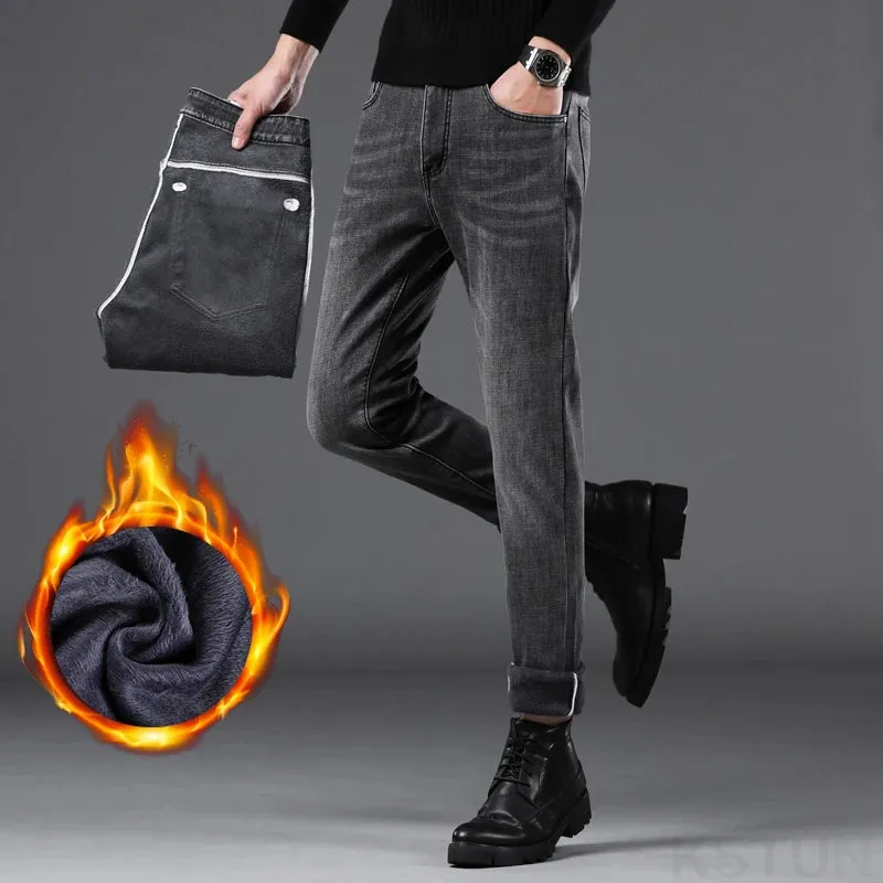Men's Warm Jeans Pants 2024 Winter Trousers Fleece Thicken Denim Clothes Slim SKinny Casual Gray Stretch Mens Clothing Cowboys