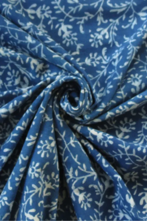 Moralfibre 100% Natural Indigo Handblock Flower Creeper Printed Fabric (0.50 mtr )