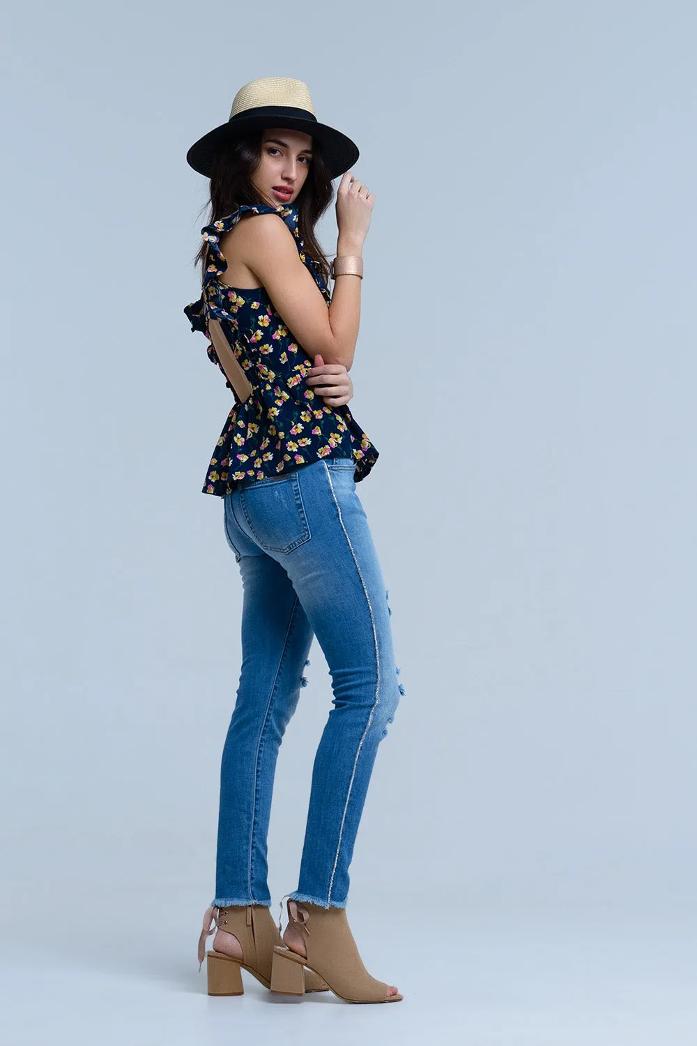 Navy crossed back shirt with ruffles