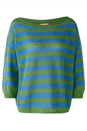 Oui 78825 Green & Blue Stripe Wide Neck Linen Jumper