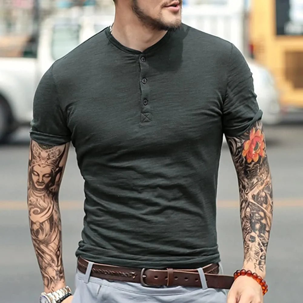 palglg Mens Cotton Muscle Slim Fitted Sport Henley T-Shirt with Button
