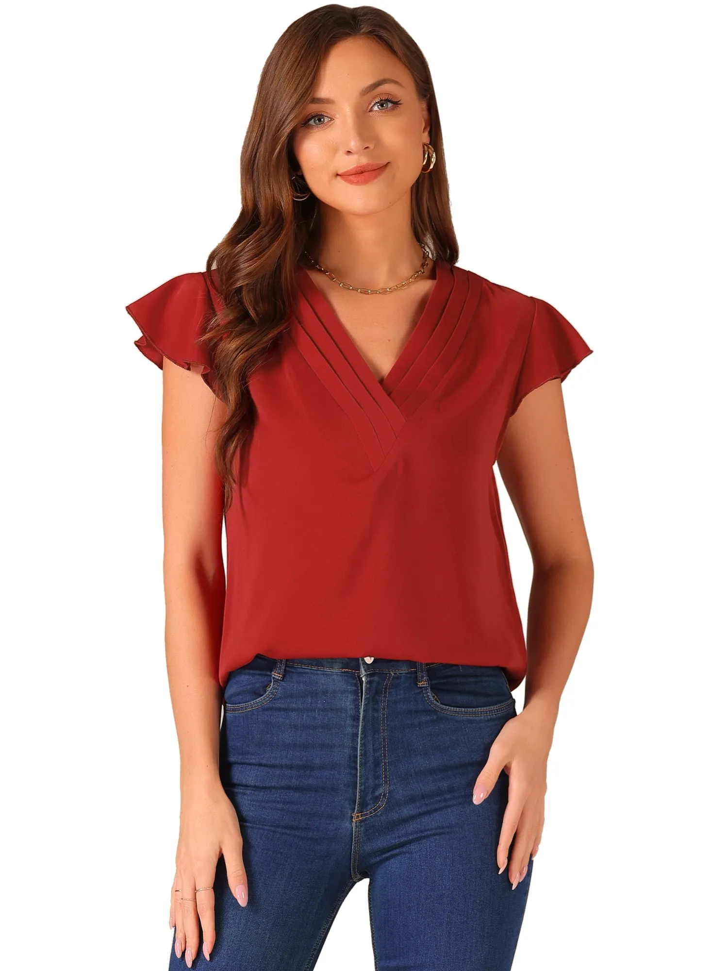Pleated V Neck Flutter Sleeve Summer Casual Blouse