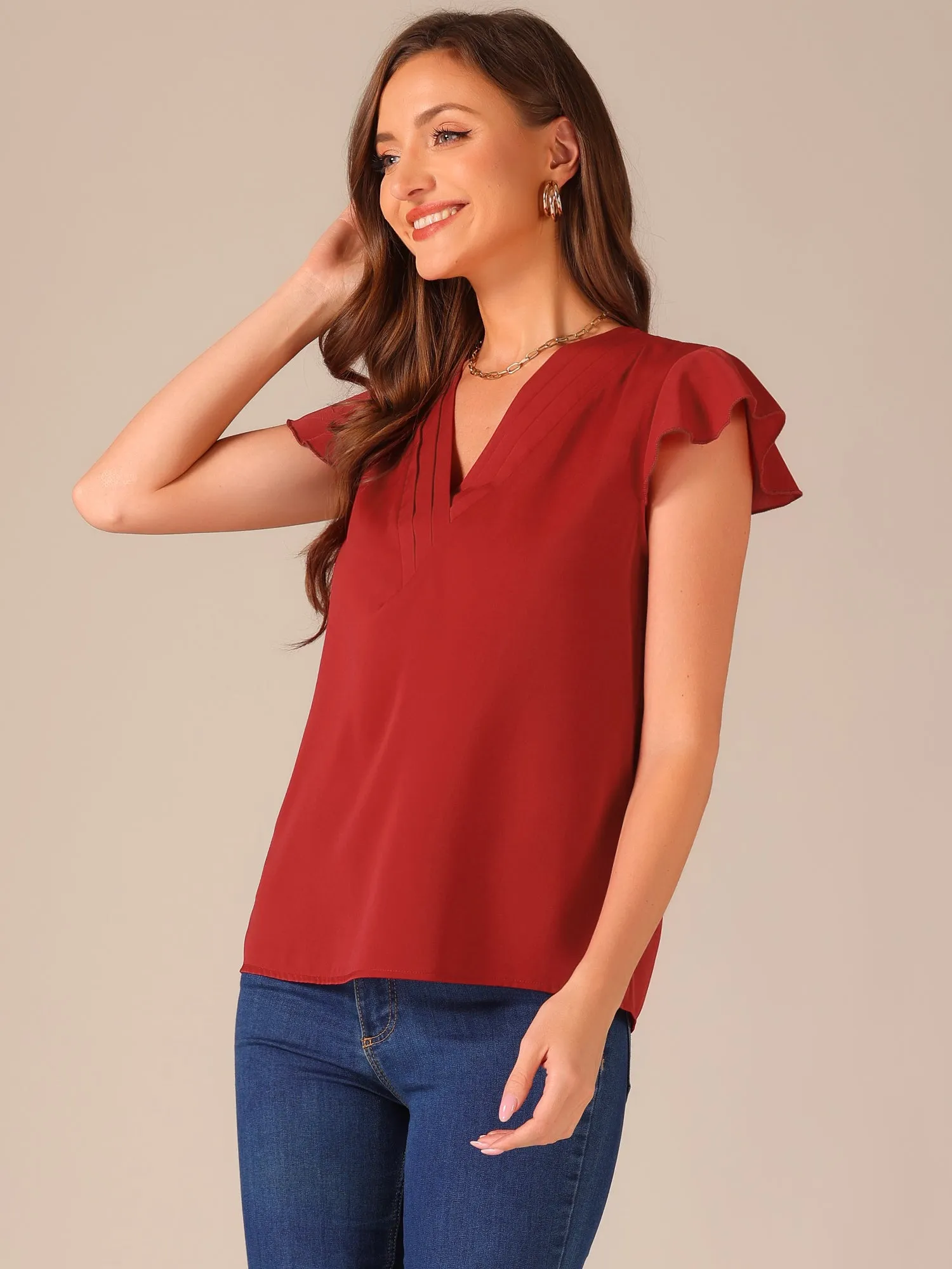 Pleated V Neck Flutter Sleeve Summer Casual Blouse