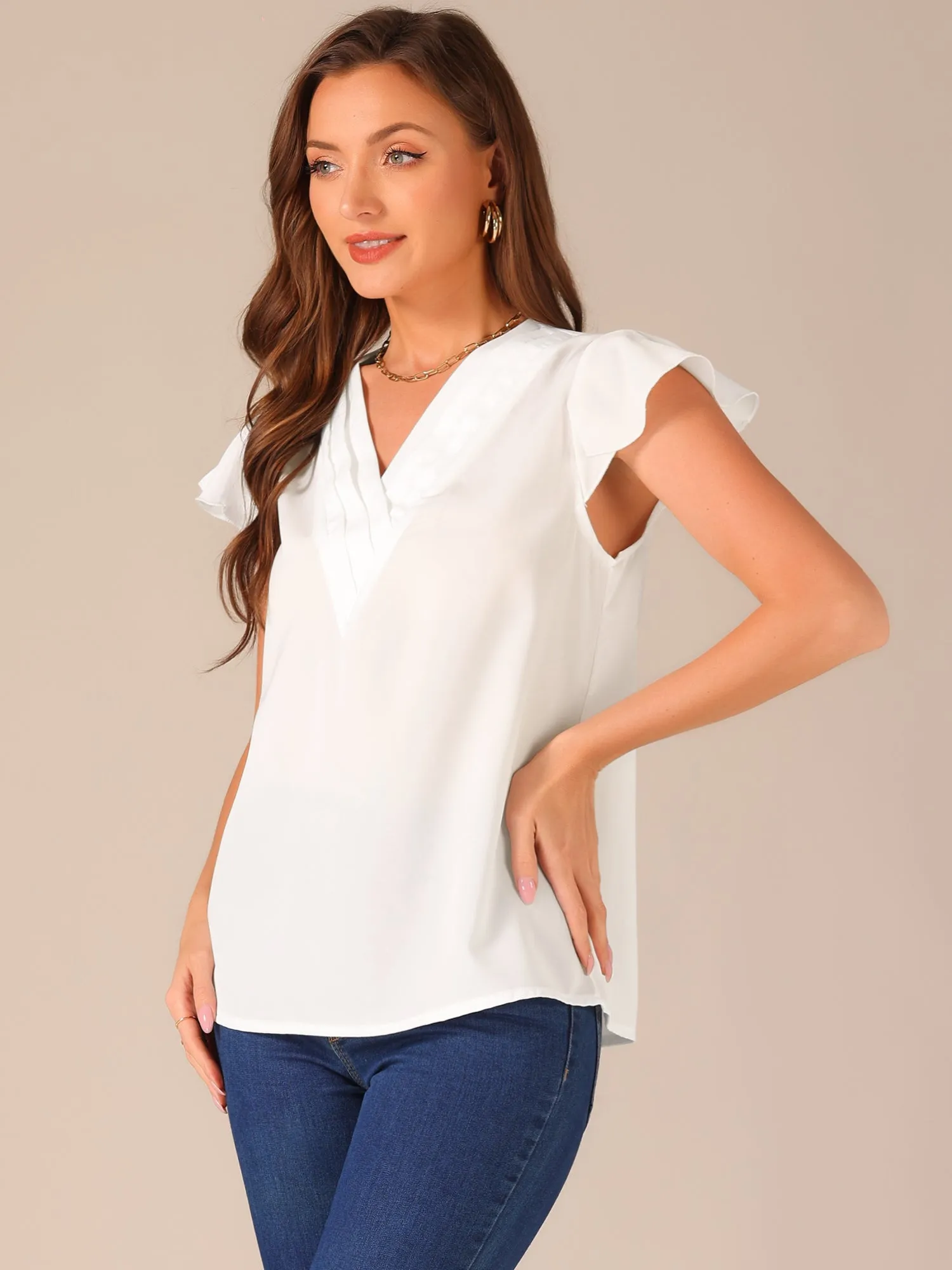 Pleated V Neck Flutter Sleeve Summer Casual Blouse