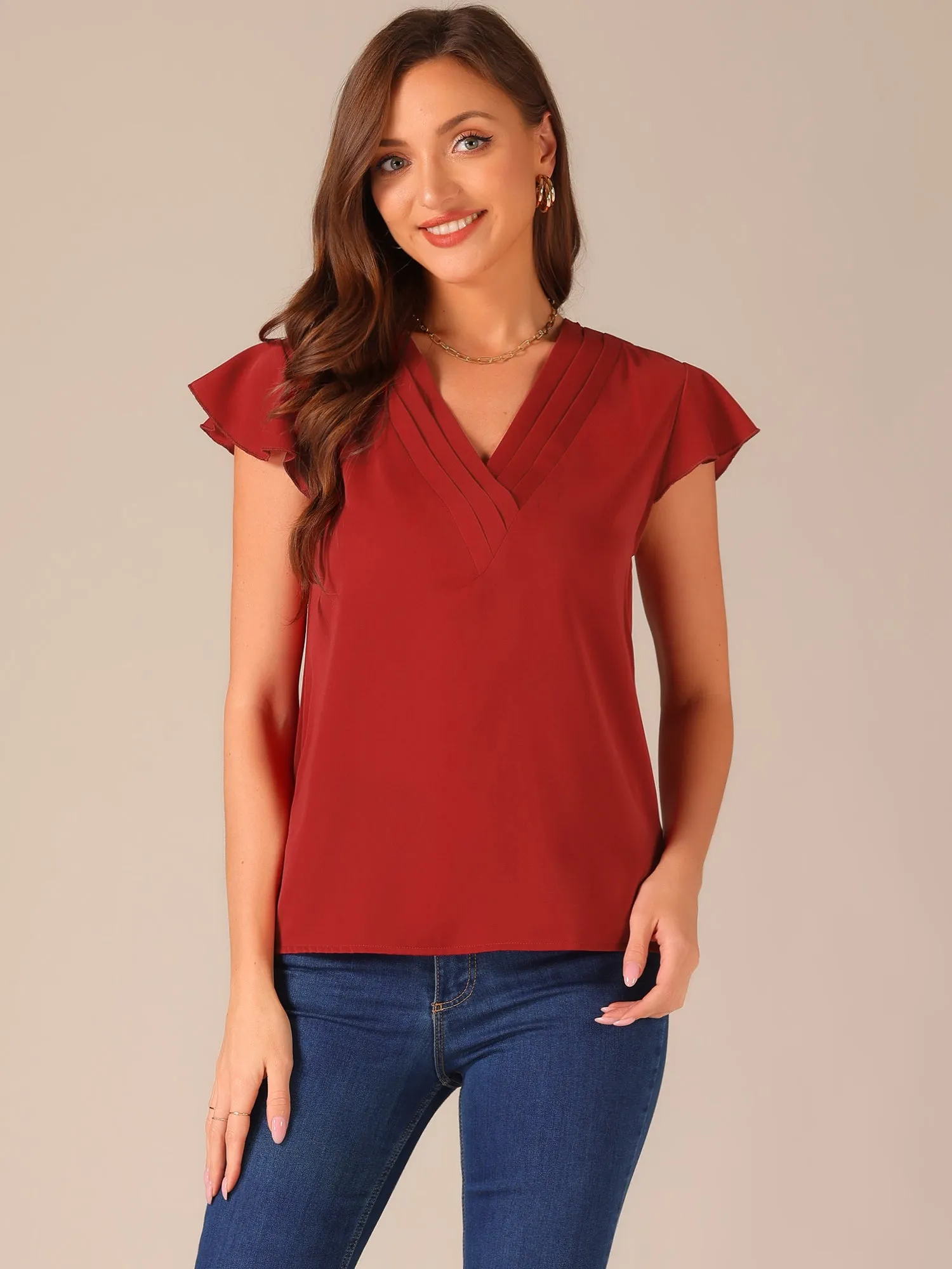 Pleated V Neck Flutter Sleeve Summer Casual Blouse