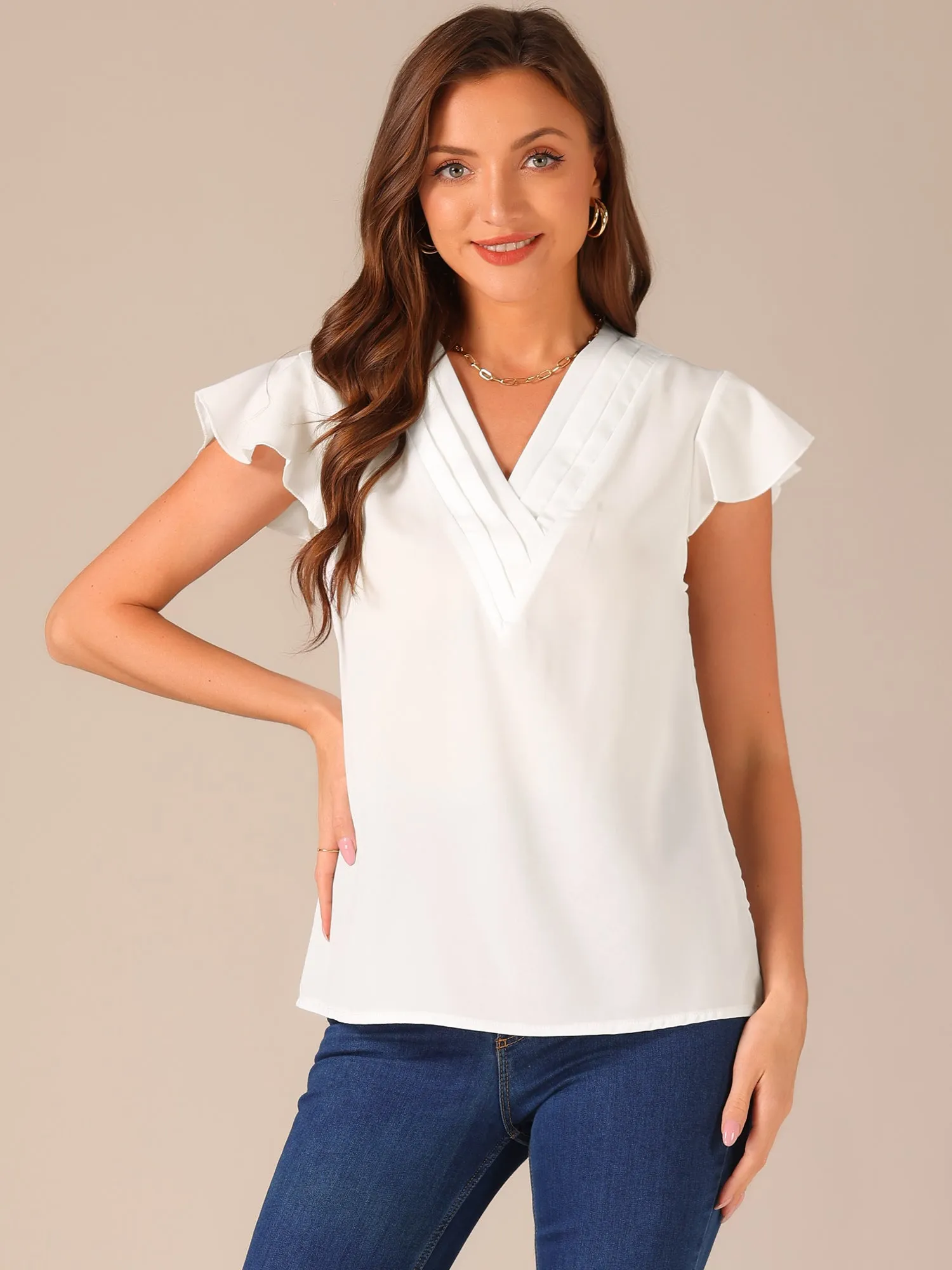Pleated V Neck Flutter Sleeve Summer Casual Blouse