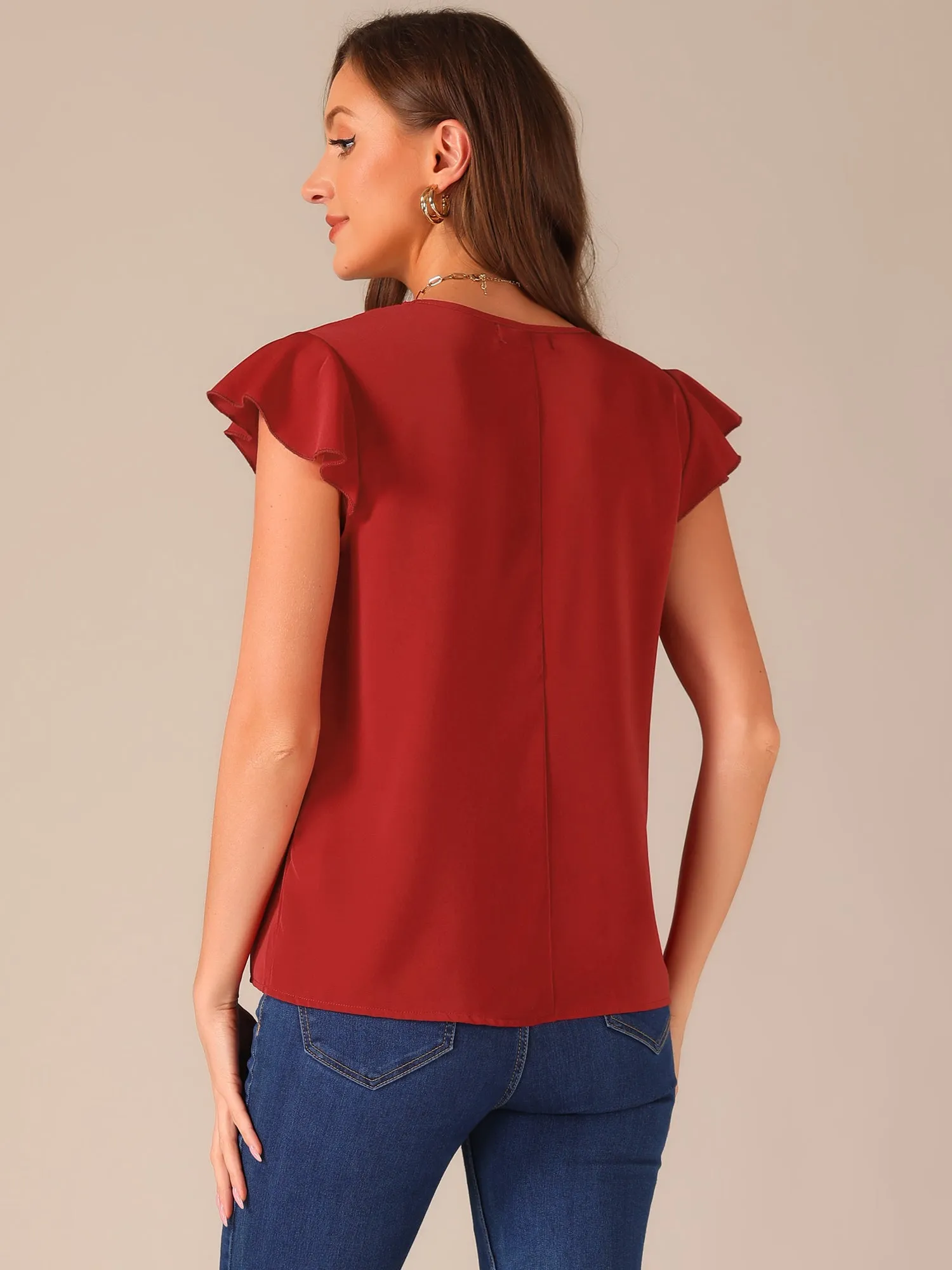 Pleated V Neck Flutter Sleeve Summer Casual Blouse