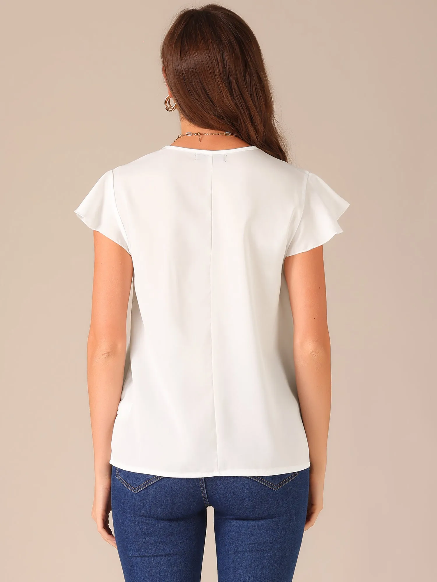 Pleated V Neck Flutter Sleeve Summer Casual Blouse