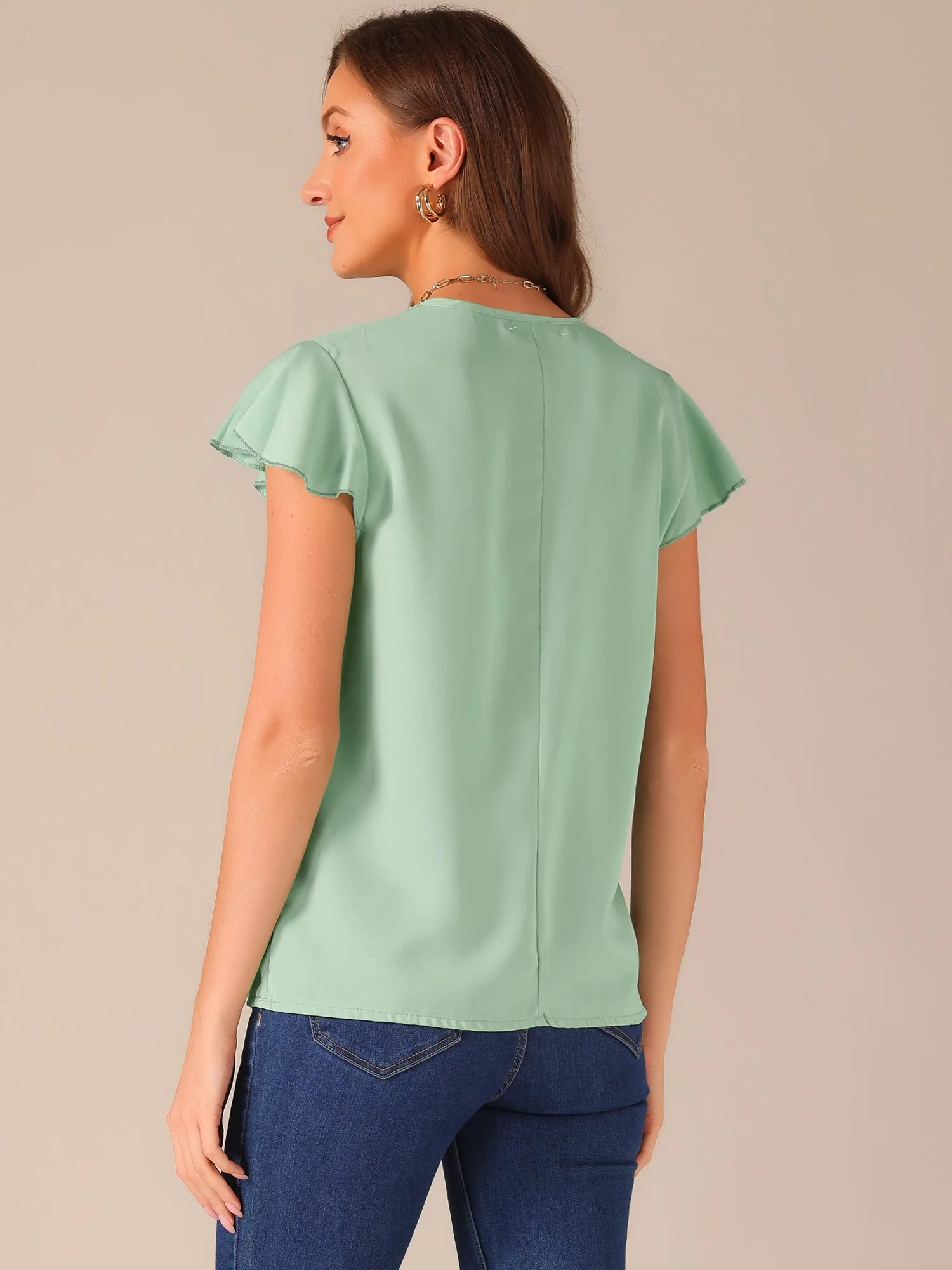 Pleated V Neck Flutter Sleeve Summer Casual Blouse