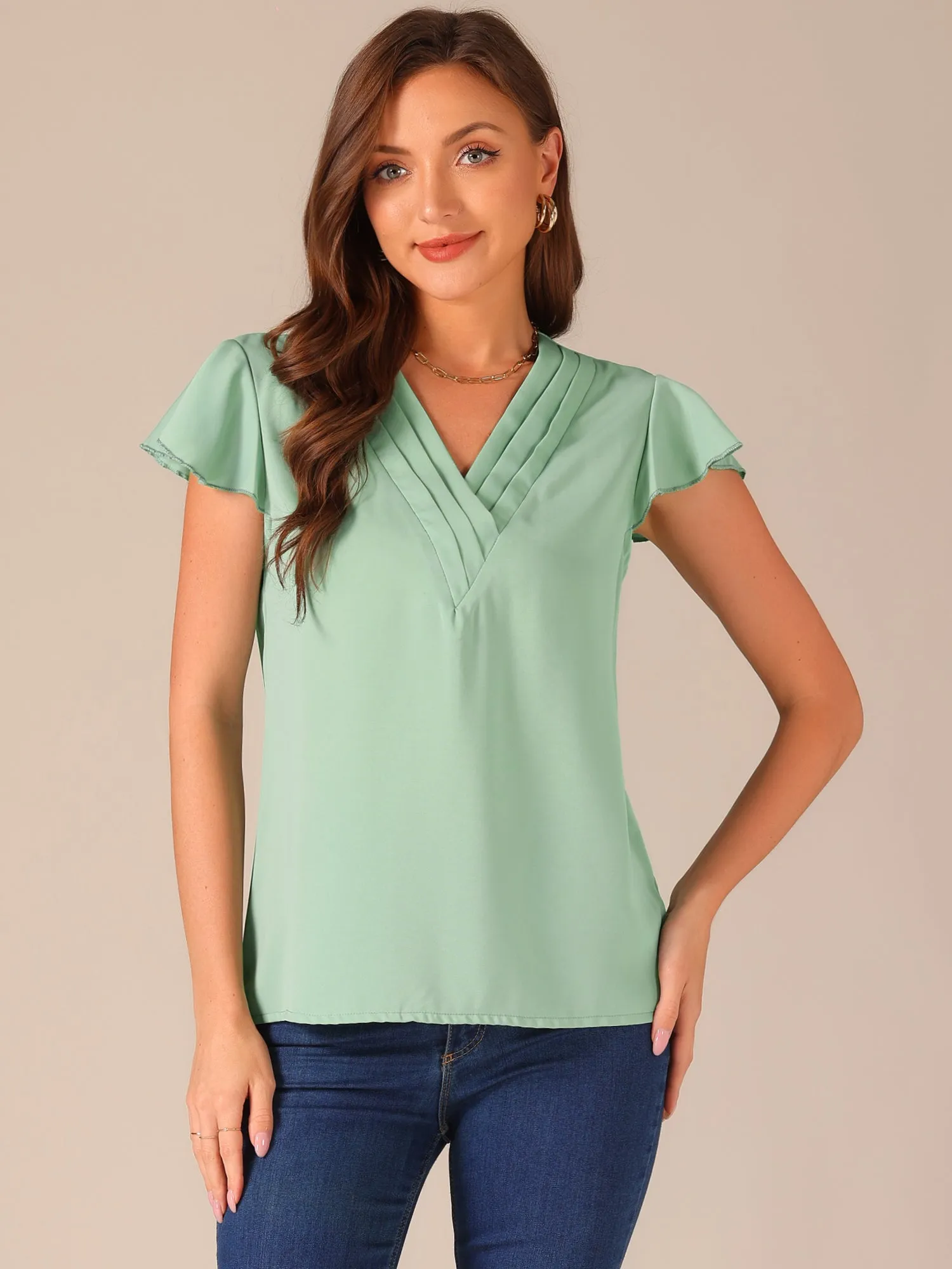 Pleated V Neck Flutter Sleeve Summer Casual Blouse