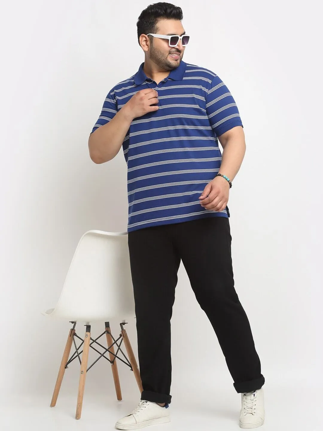 plusS Blue Striped Polo Collar Pure Cotton T-shirt