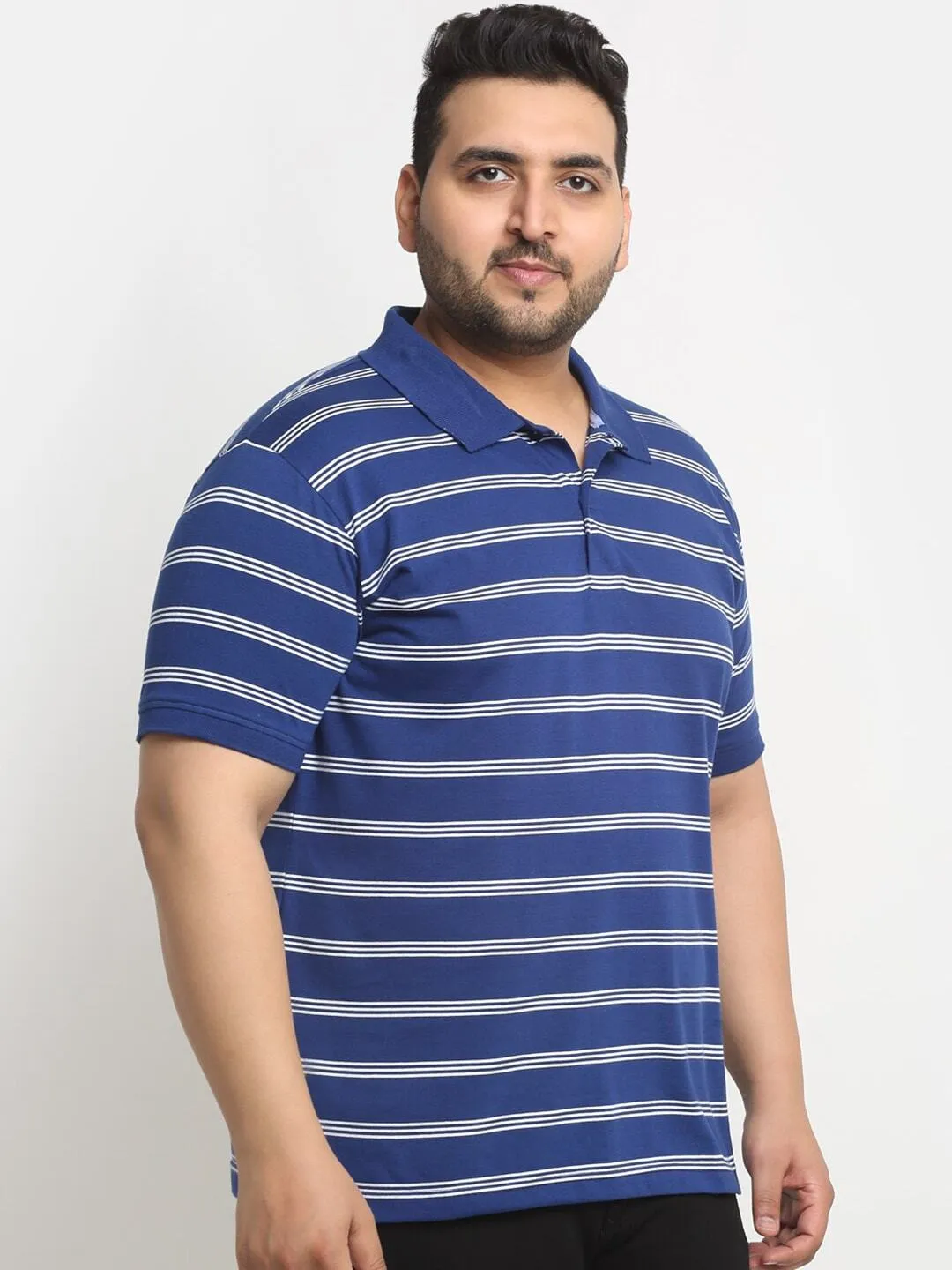 plusS Blue Striped Polo Collar Pure Cotton T-shirt