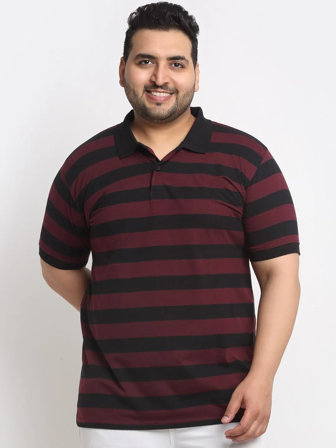 plusS Maroon  Black Striped Polo Collar Cotton T-Shirt
