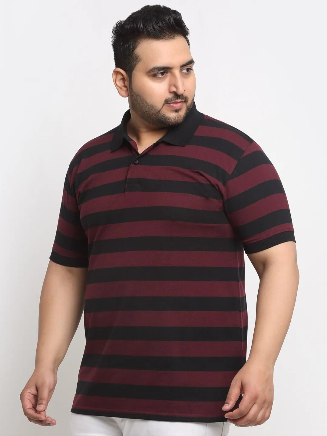 plusS Maroon  Black Striped Polo Collar Cotton T-Shirt