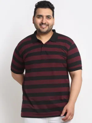 plusS Maroon  Black Striped Polo Collar Cotton T-Shirt