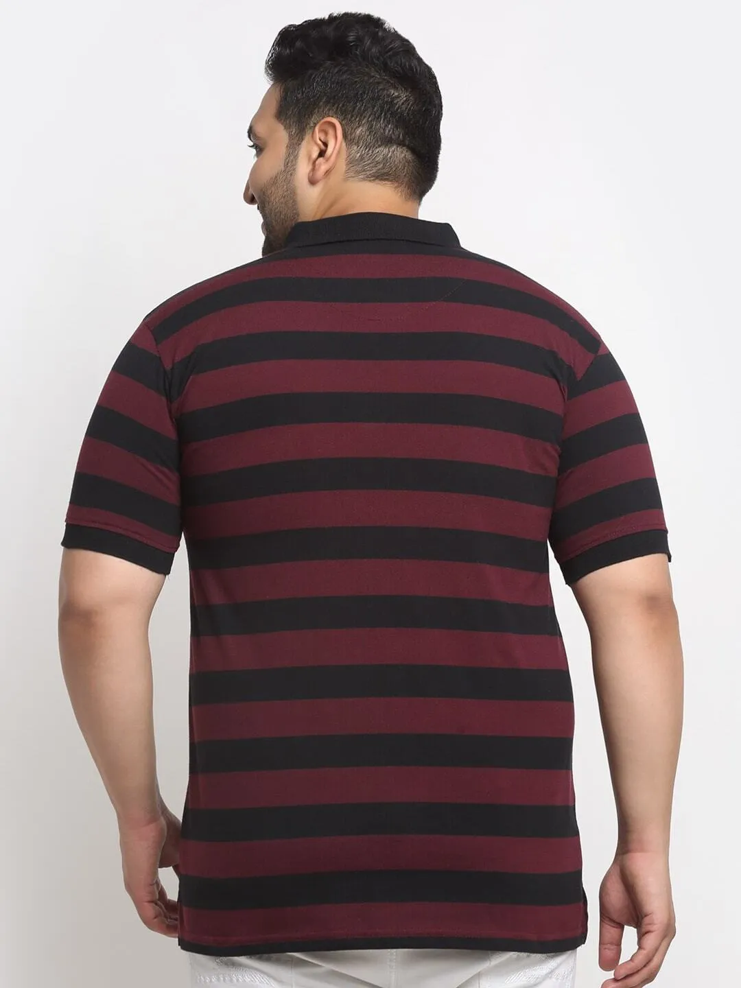 plusS Maroon  Black Striped Polo Collar Cotton T-Shirt