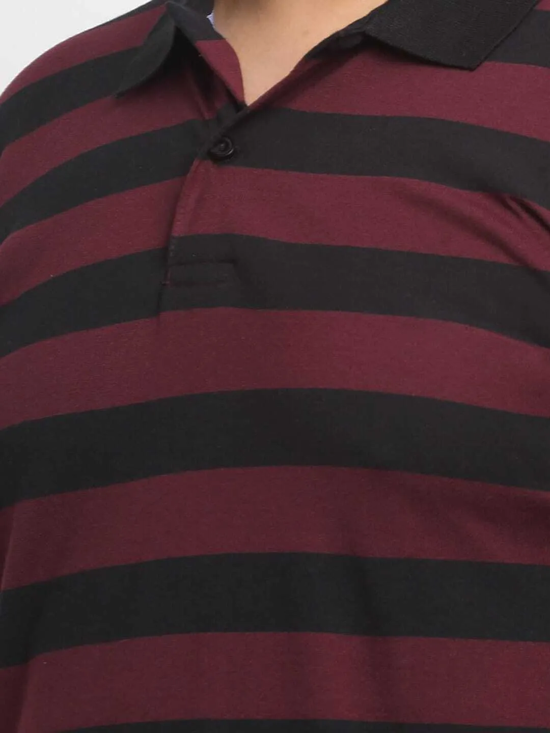plusS Maroon  Black Striped Polo Collar Cotton T-Shirt