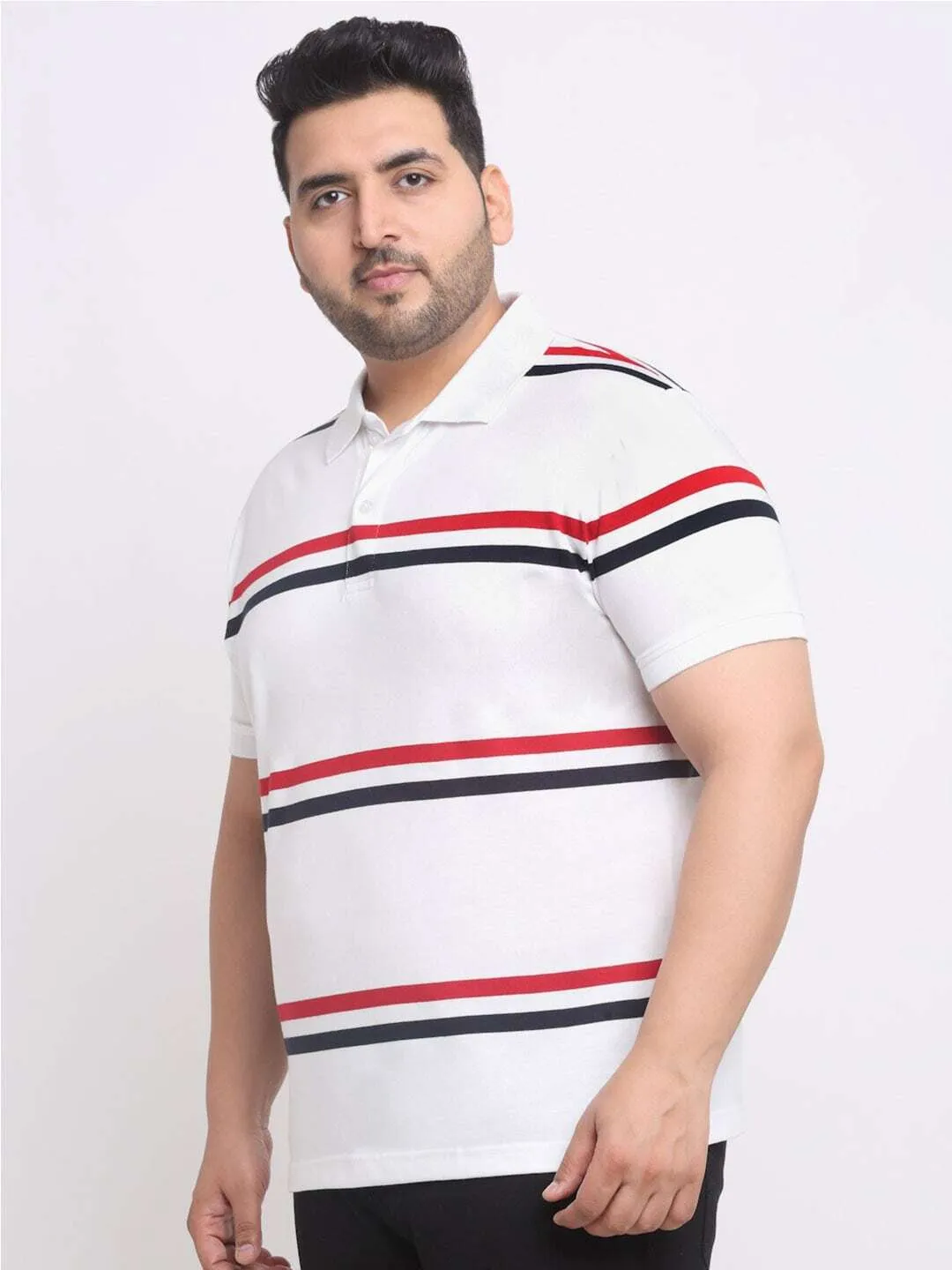 plusS Plus Size White Striped Polo Collar Cotton T-shirt