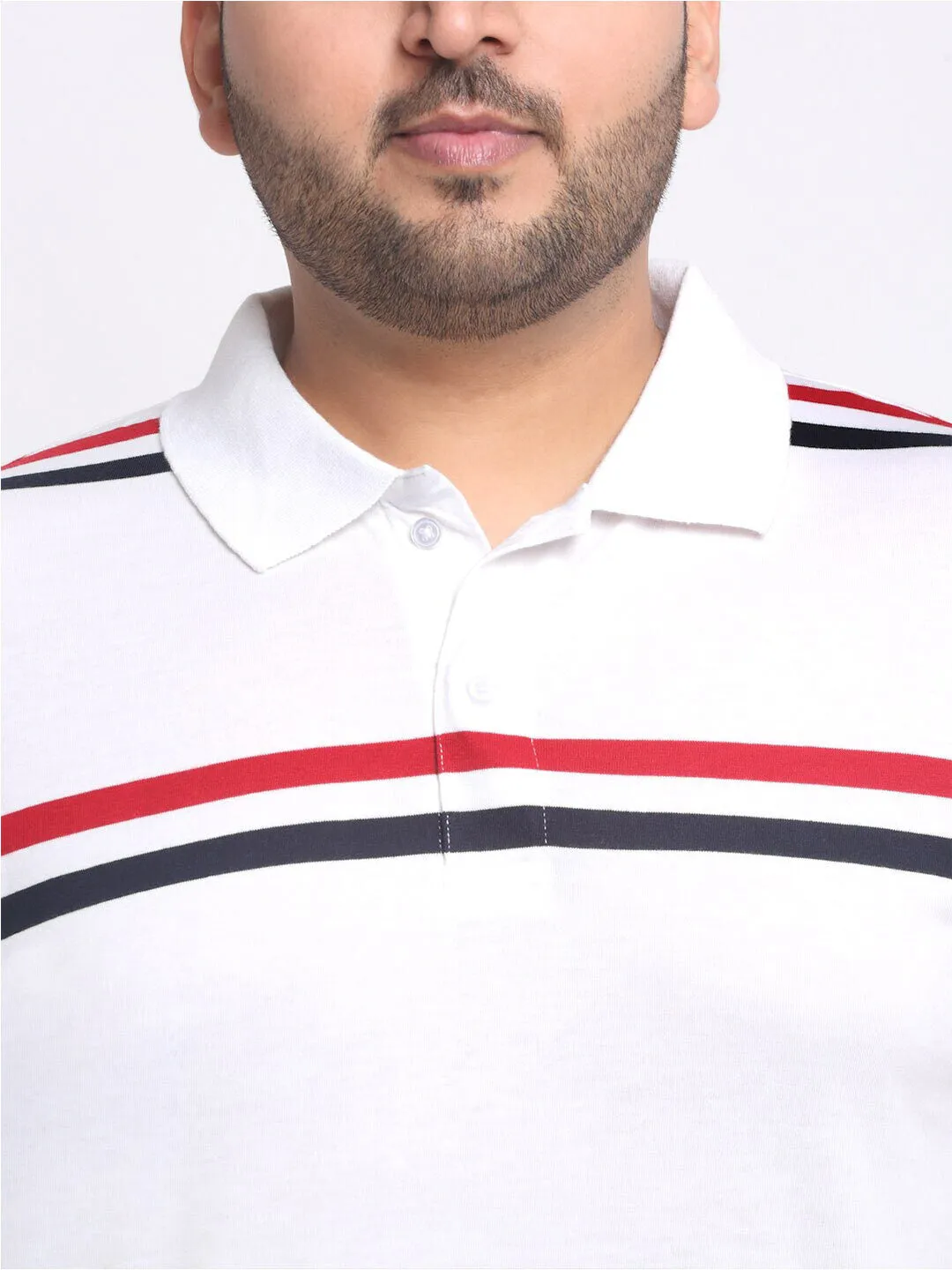 plusS Plus Size White Striped Polo Collar Cotton T-shirt