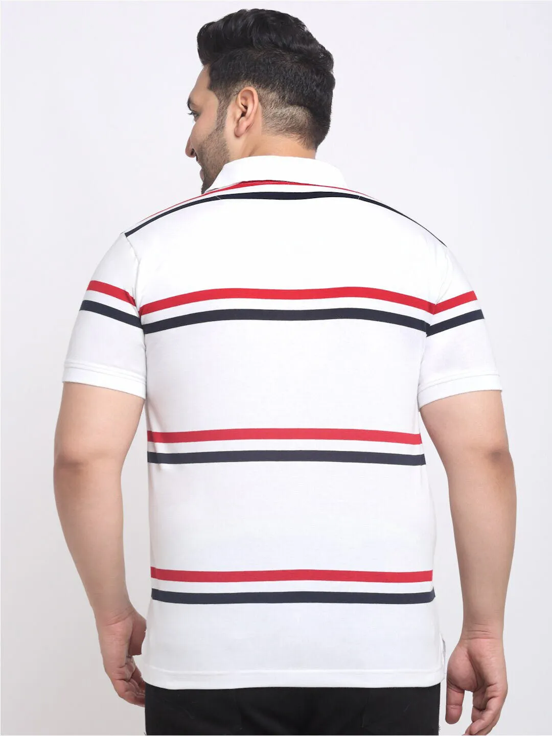 plusS Plus Size White Striped Polo Collar Cotton T-shirt