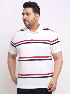 plusS Plus Size White Striped Polo Collar Cotton T-shirt